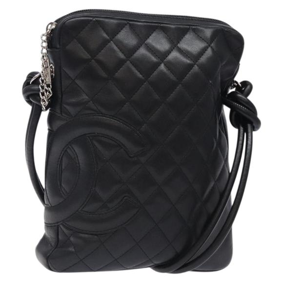 CHANEL Medium Pochette Shoulder Bag Cambon Line Leather Black Silver Auth fm4781 - Picture 1 of 16